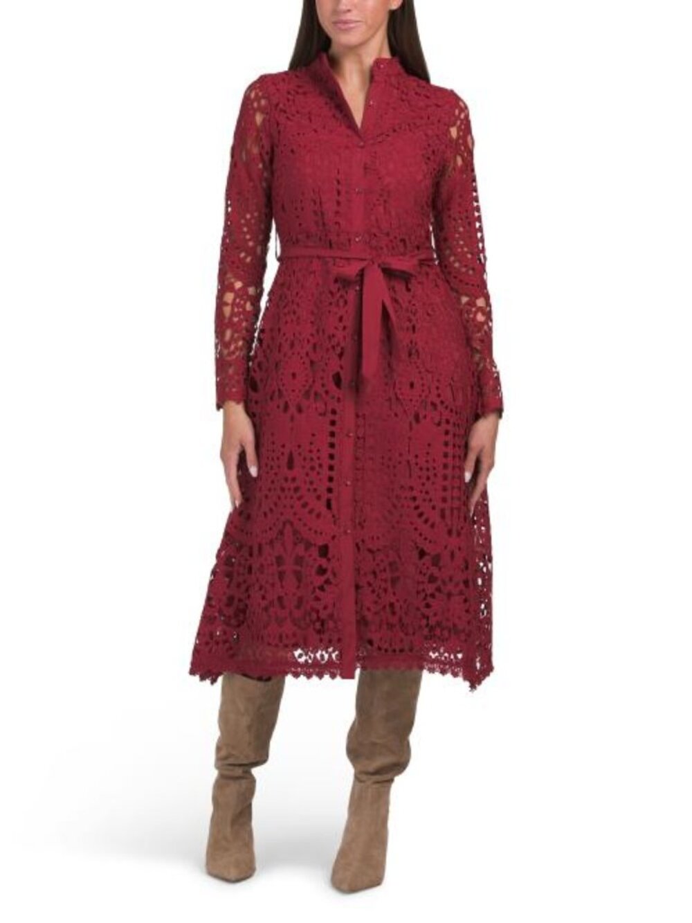 DALIA MACPHEE Long Sleeve Cutwork Lace Midi Dress